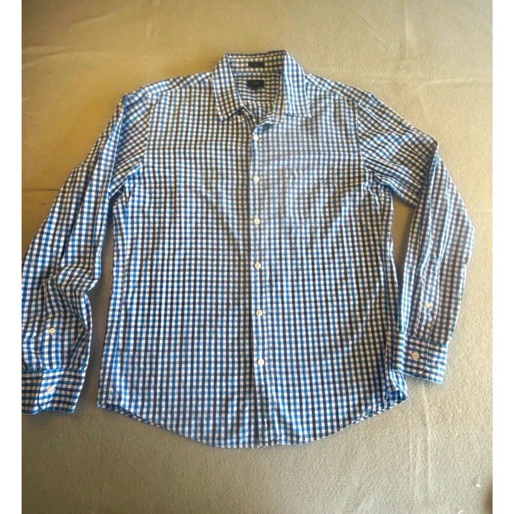 J.CREW Men's Slim Fit Blue White Check Woven Cotton Button-Up Shirt L